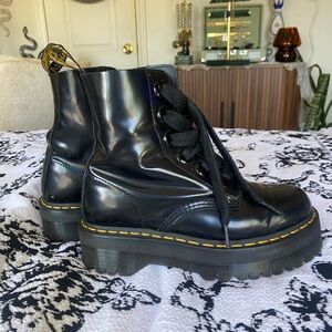 Dr. Martens Black Patent Platform Lace-Up Boots with Yellow Stitching